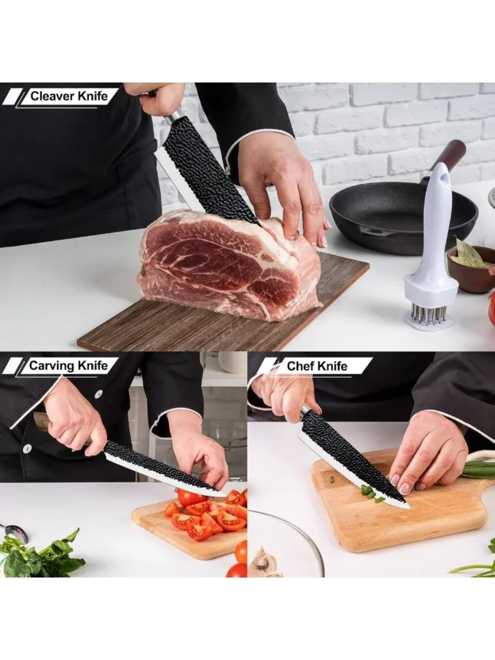 6-Piece Black Chef Knife Set - Professional Stainless Steel Cutlery for Kitchen